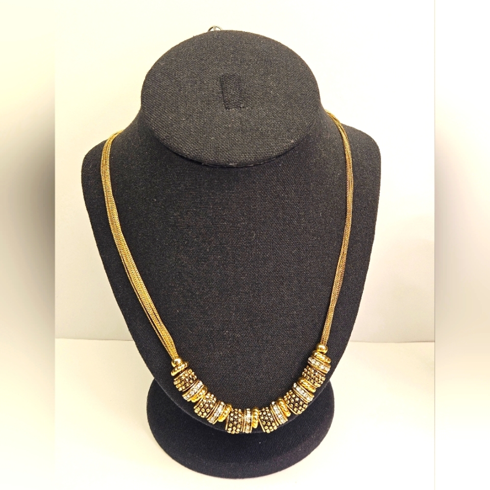 Gold Multistrand Necklace with Metal Rhinestone Bead Accents